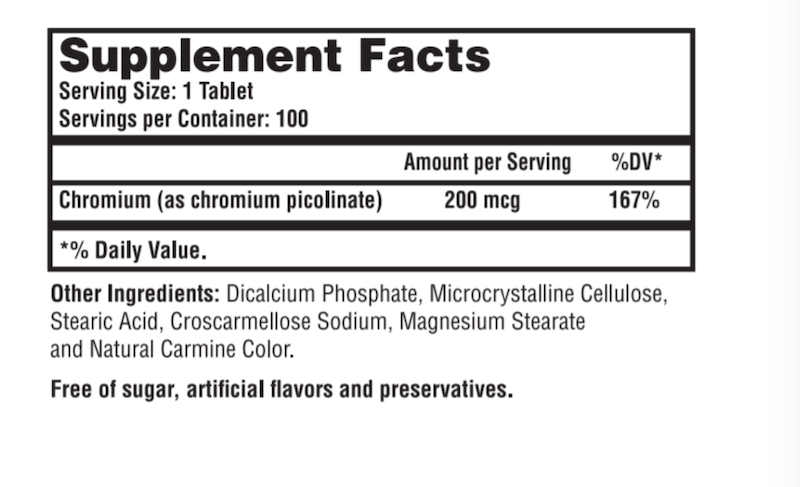 Chromium Picolinate 200 mcg. (100 Tablets)