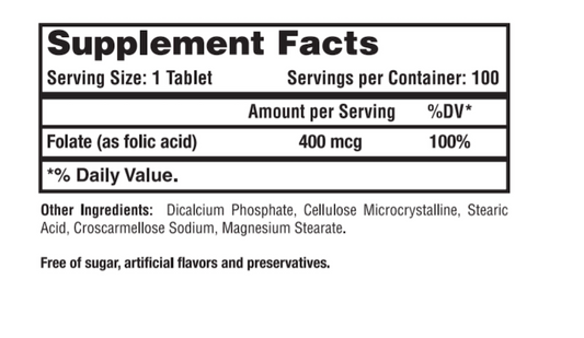 Folic Acid 400 mcg. (100 Tablets)