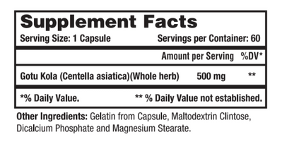 Centella Asiatica - Gotu Kola -500 mg, (60 Caps)