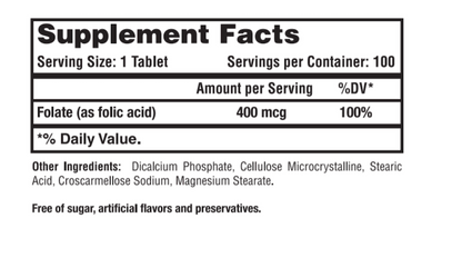 Folic Acid 400 mcg. (100 Tablets)