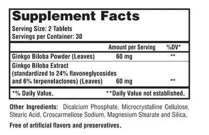 Ginkgo Biloba 60 mg. Standarized (60 Tablets)